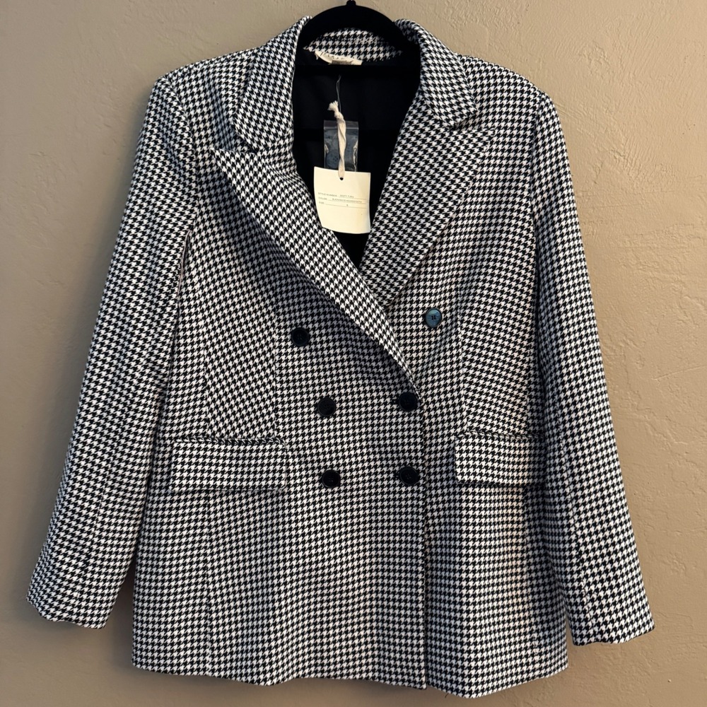 Marled Womens Double Breasted‎ Houndstooth Blazer Jacket Black White Size S